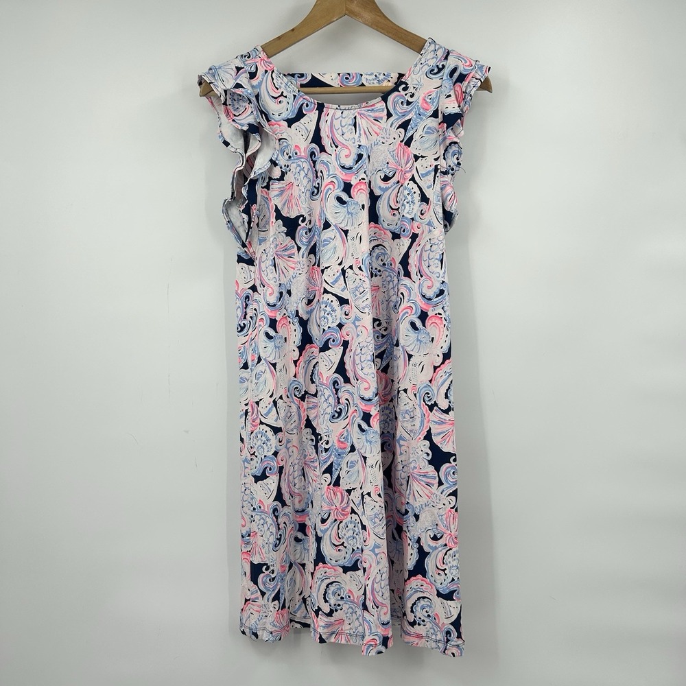 Lilly Pulitzer Dress S Navy Pink Seashell Print Ruffle Sleeve V Back Rayon